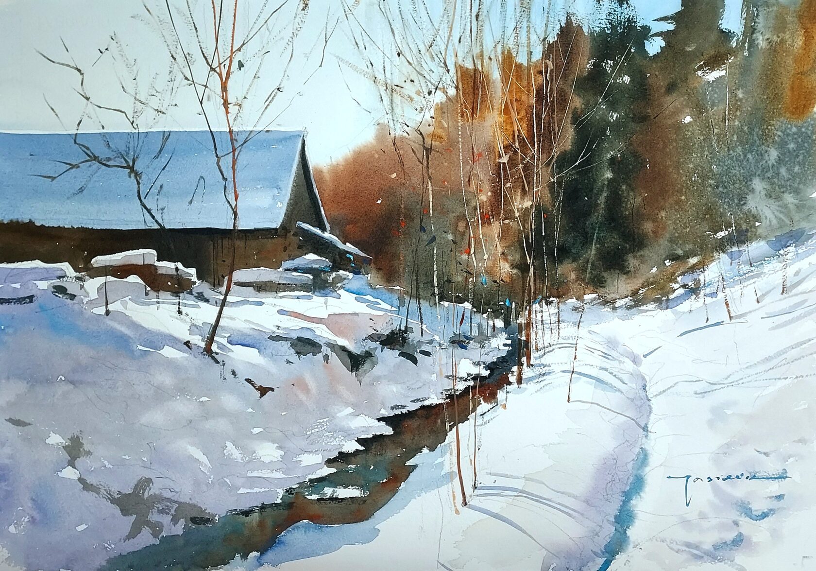 Snowy landscape watercolor by Michał Jasiewicz