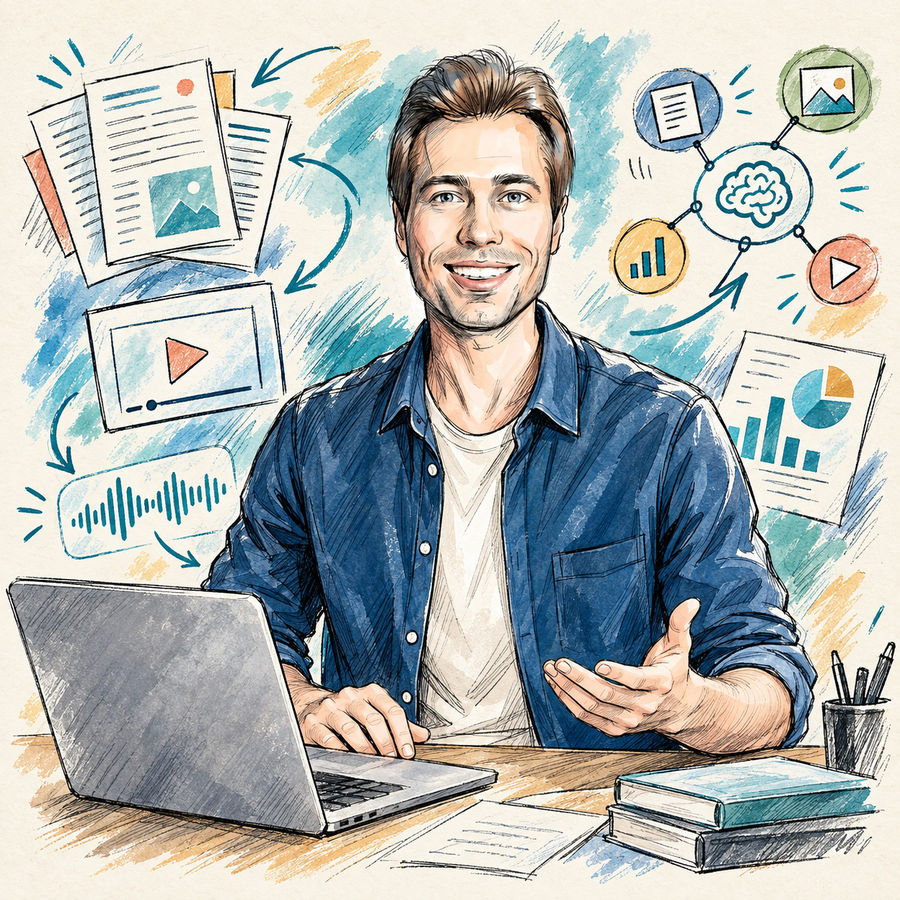 Дмитрий Зверев за ноутбуком среди примеров материалов для работы с NotebookLM